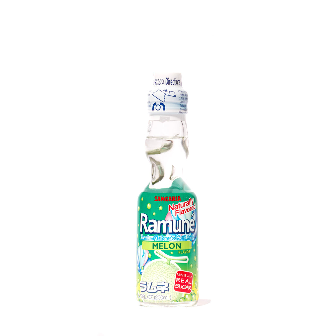 A bottle of Sangaria Ramune Soda: Melon on a white background.