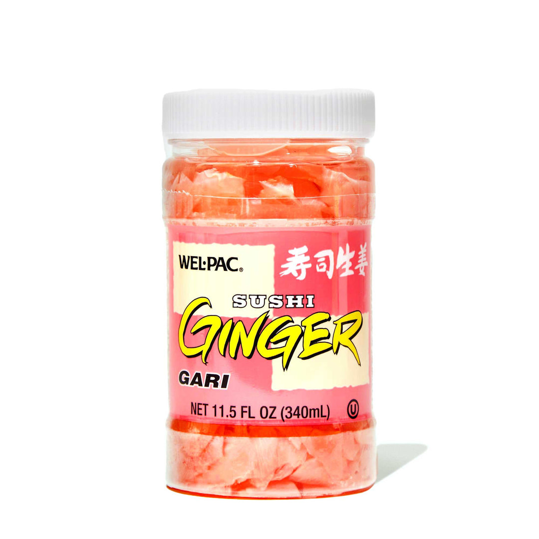 A jar of Welpac Sushi Gari Sliced Pickled Ginger on a white surface.