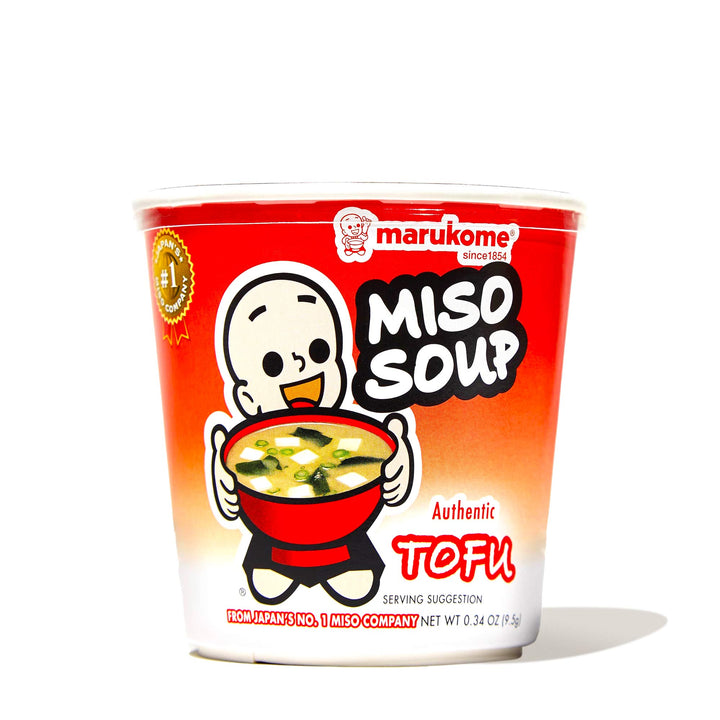 A cup of Marukome Instant Miso Soup Cup: Tofu on a white background.