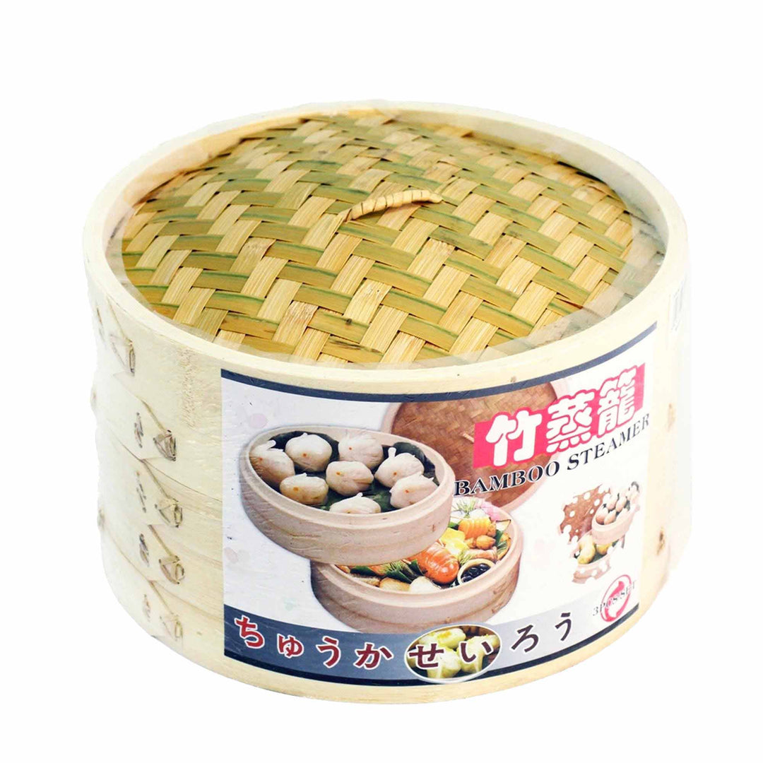 Premium 2-Tier Dumpling Steamer by MTC in a bamboo container.