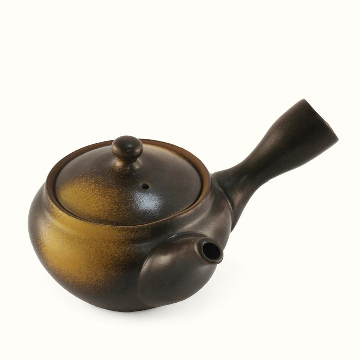 A Brown Bankoyaki Kyusu Teapot with a handle and a lid on a white background by MTC.