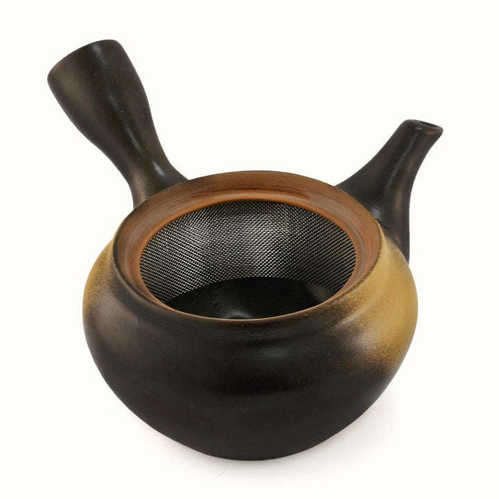 A Brown Bankoyaki Kyusu Teapot with a yellow handle, made by MTC.