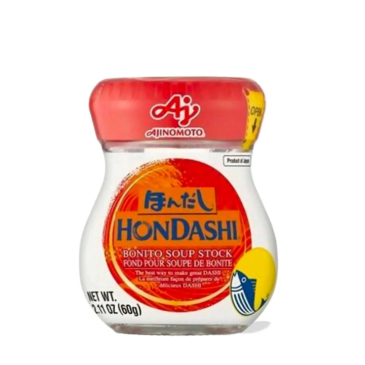 A jar of Ajinomoto Hondashi Soup Stock on a white background.