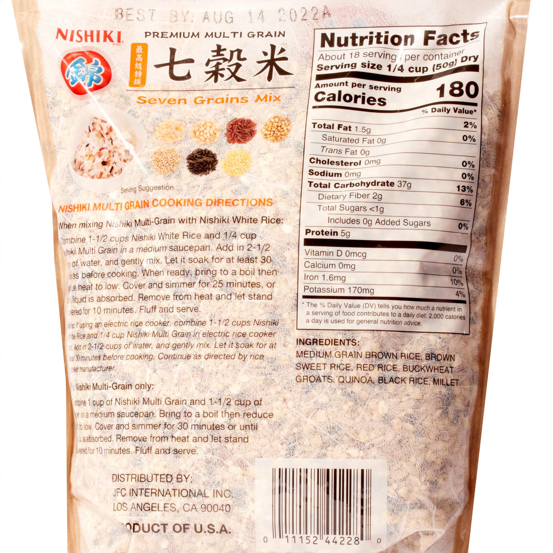 A bag of Nishiki 7 Grain Mix For Rice on a white background.