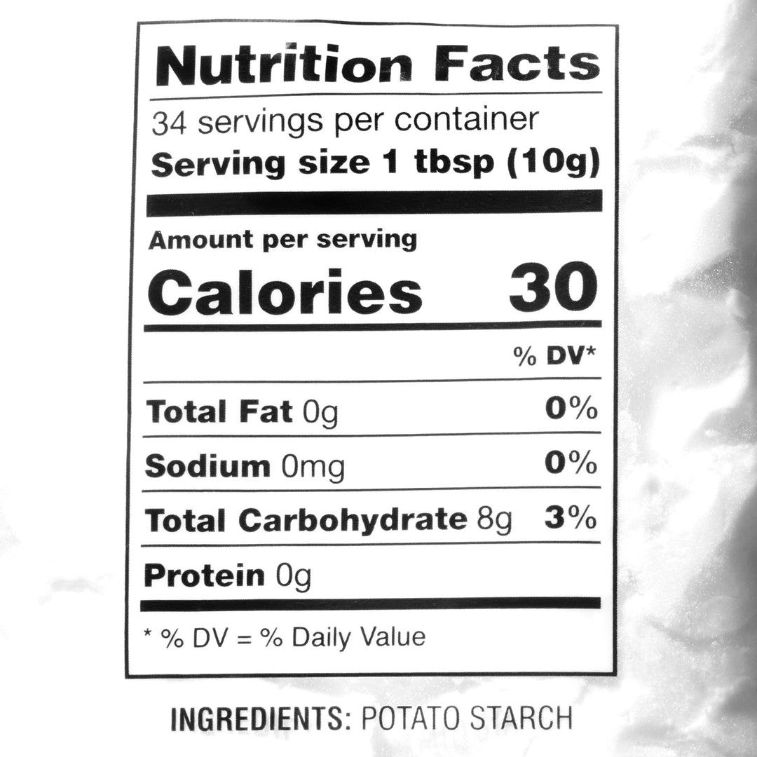 The nutrition facts label on a bag of J-Basket Katakuriko Potato Starch potato chips.