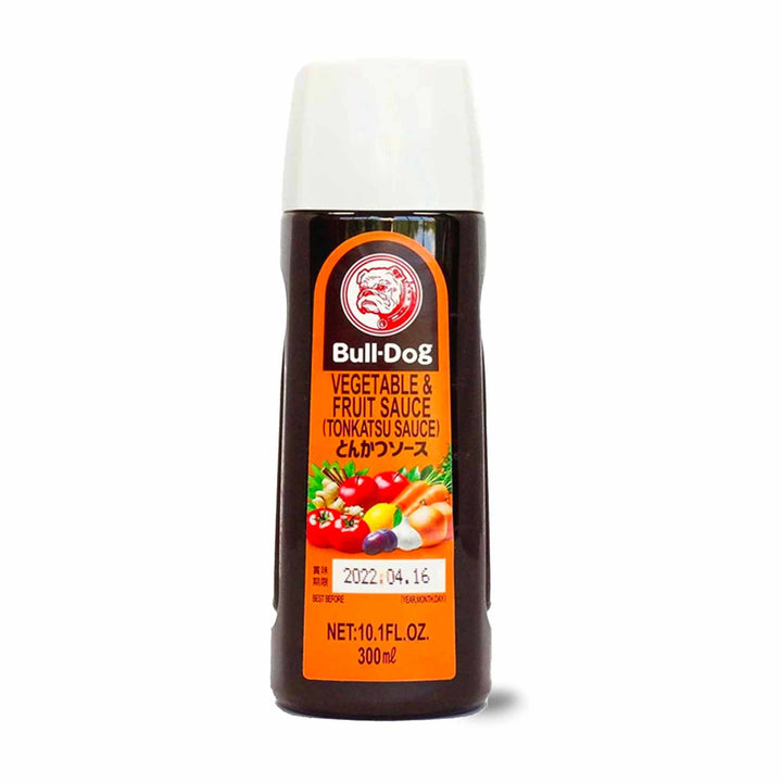 A bottle of Bulldog Tonkatsu Sauce on a white background.
