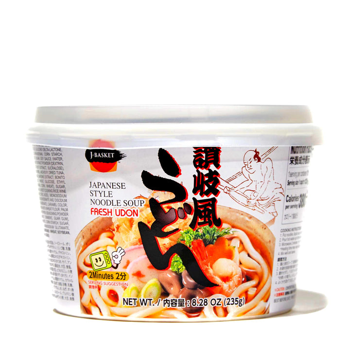 J-Basket Instant Cup Nama Udon noodle soup in a plastic container.