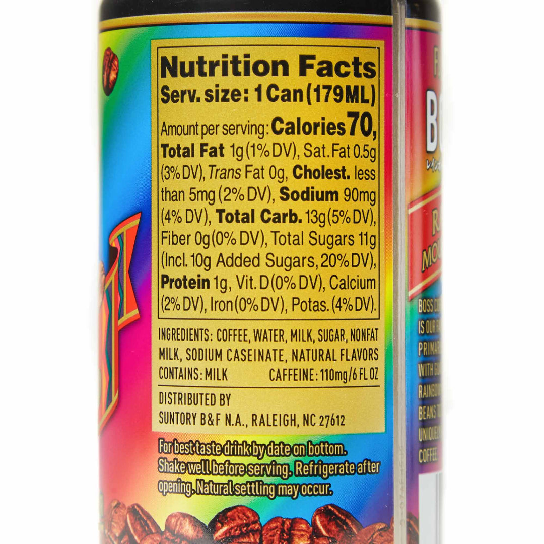 The nutrition facts label on a bottle of Suntory BOSS Rainbow Mountain Blend Canned Coffee.