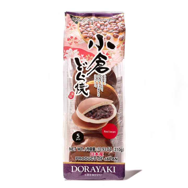 A bag of Shimizu Red Bean Dorayaki donuts on a white background.