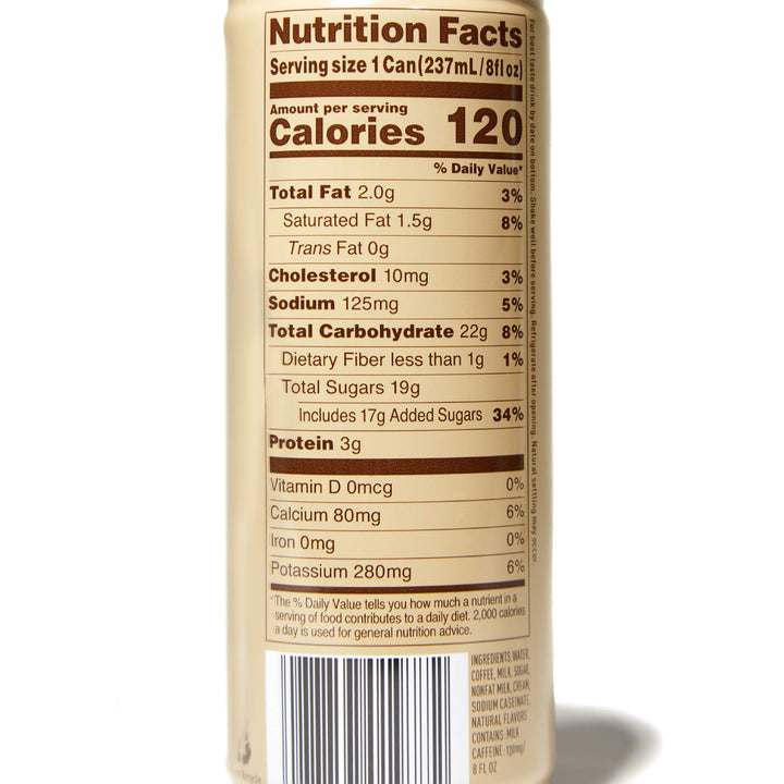 A bottle of Suntory BOSS Cold Cafe Au Lait nutrition facts on a white background.