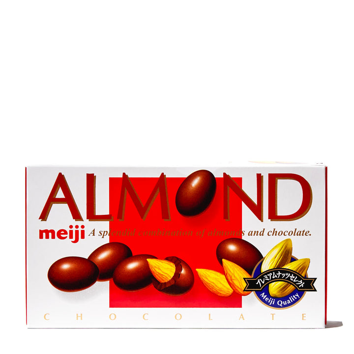 A Meiji Almond Chocolate bar with almonds and chocolate on a white background.