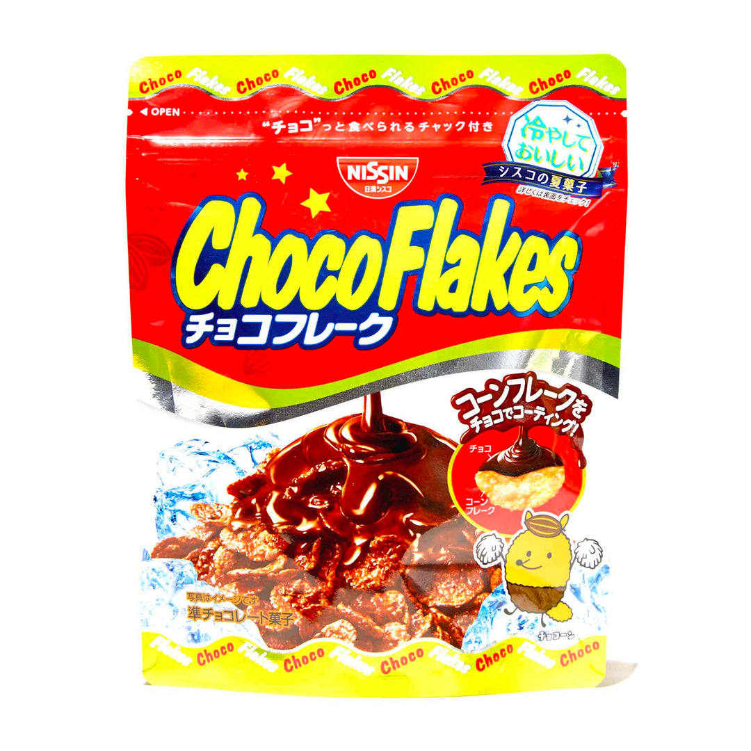 A bag of Nissin Choco Flakes on a white background.