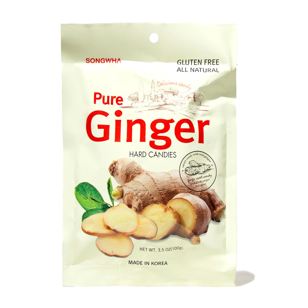 A bag of Songwha Pure Ginger Candy chips on a white background.