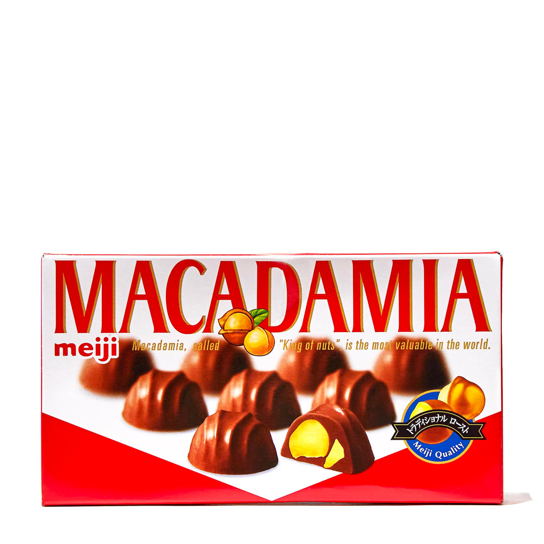 A box of Meiji Macadamia Chocolates on a white background.
