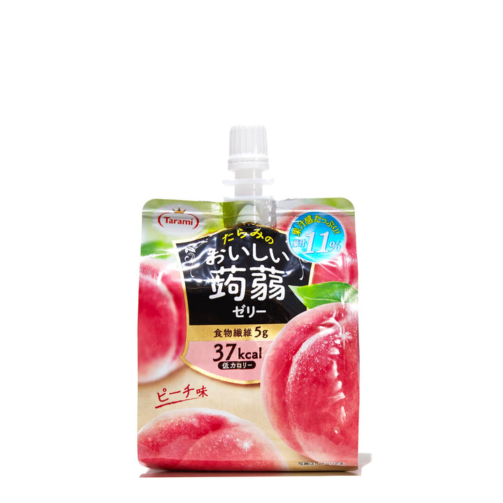 A pouch of Tarami Oishii Konjac Jelly: Peach on a white background.