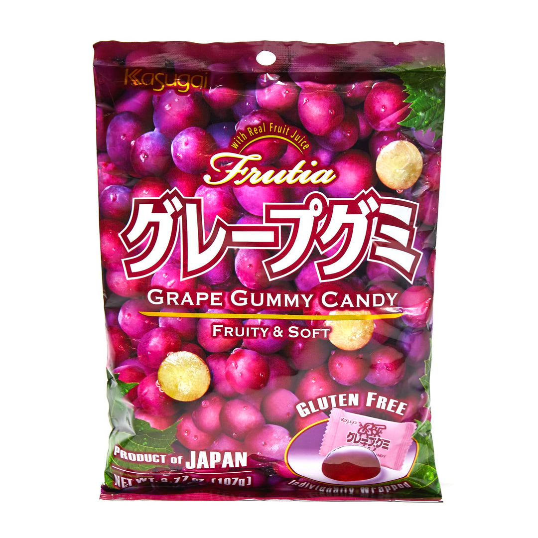 A bag of Kasugai Frutia Grape Gummy candy in front of a white background.