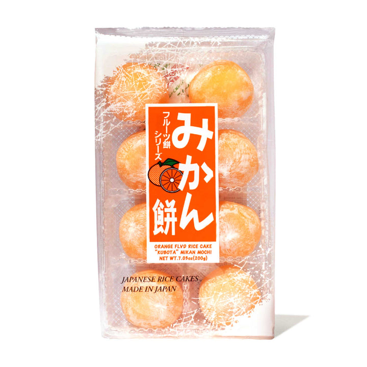 A package of Kubota Daifuku Mochi: Mikan Orange donuts with japanese writing.