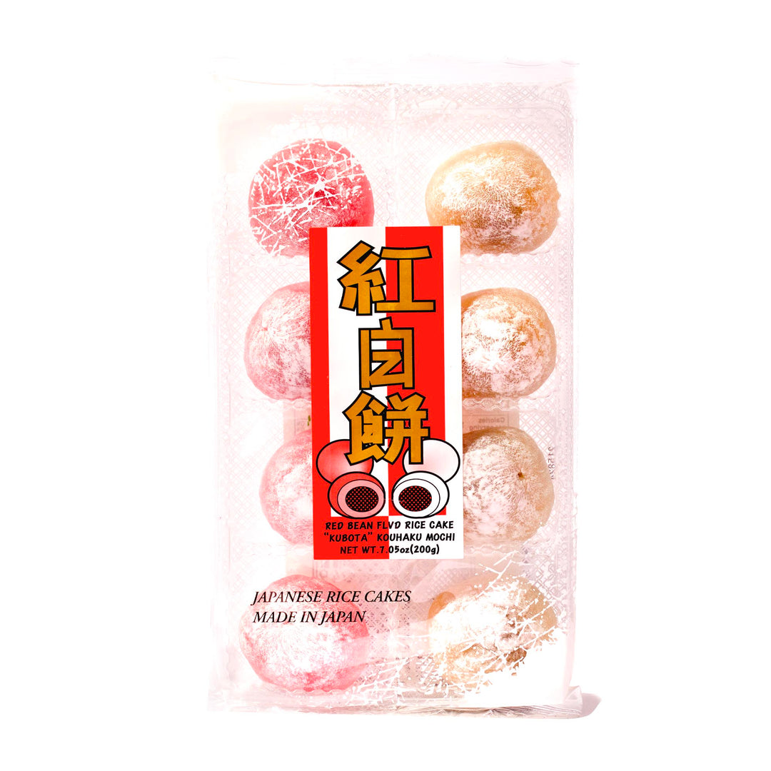 A bag of Kubota Daifuku Mochi: Kouhaku Ogura Red Bean on a white background.