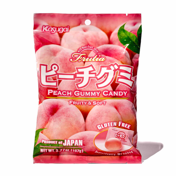 A bag of Kasugai Frutia Peach Gummy candy.