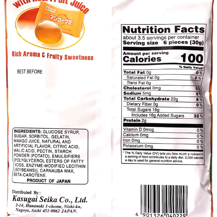 A bag of Kasugai Frutia Mango Gummy with the label on it.