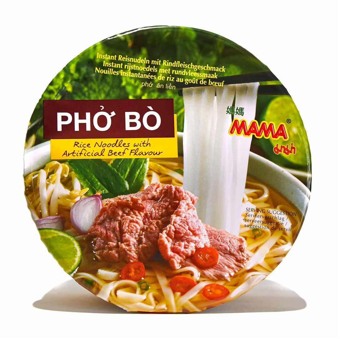 A tin of Mama Pho Bo Rice Noodle Cup: Beef with meat and noodles.
