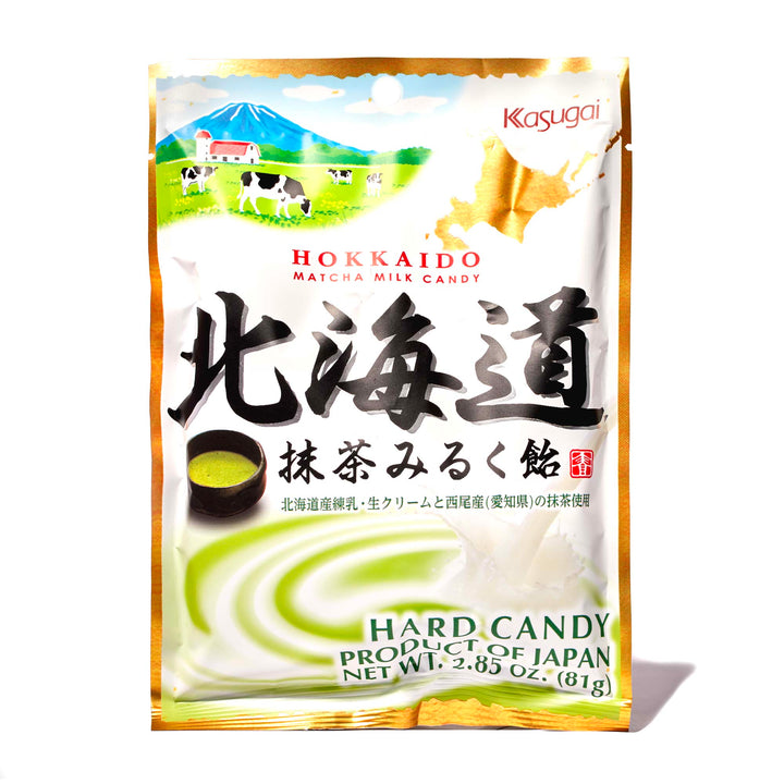 A bag of Kasugai Matcha Milk Candy on a white background.