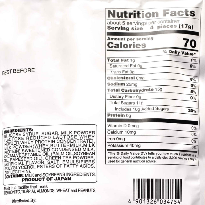 The nutrition facts label on a package of Kasugai Matcha Milk Candy.