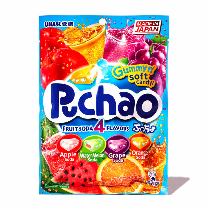 A bag of flavorful UHA Mikakuto Puchao Gummy Candy: Soda Mix snacks, perfect for those with tree nut allergies.