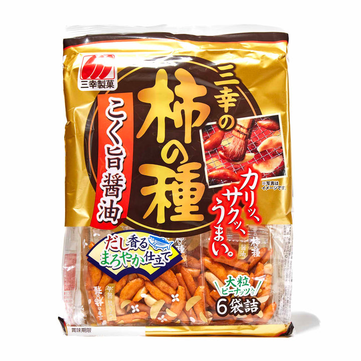 A bag of Sanko Kaki no Tane: Koku Uma Soy Sauce snacks on a white background.