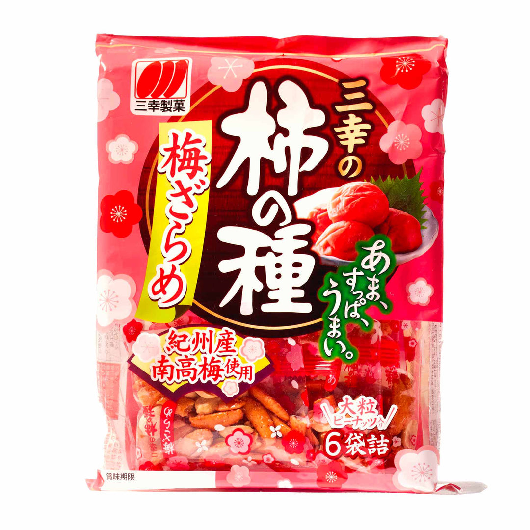 A bag of Sanko Kaki no Tane: Ume Plum Zarame snacks on a white background.
