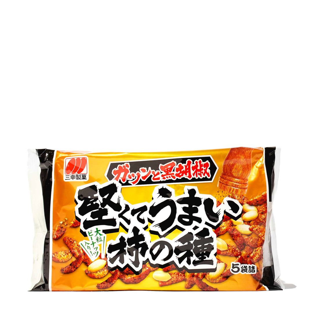 A bag of Sanko Kaki no Tane: Black Pepper snacks on a white background.
