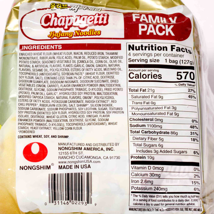 The back of a package of Nongshim Chapagetti Noodle (4-pack) family pack.