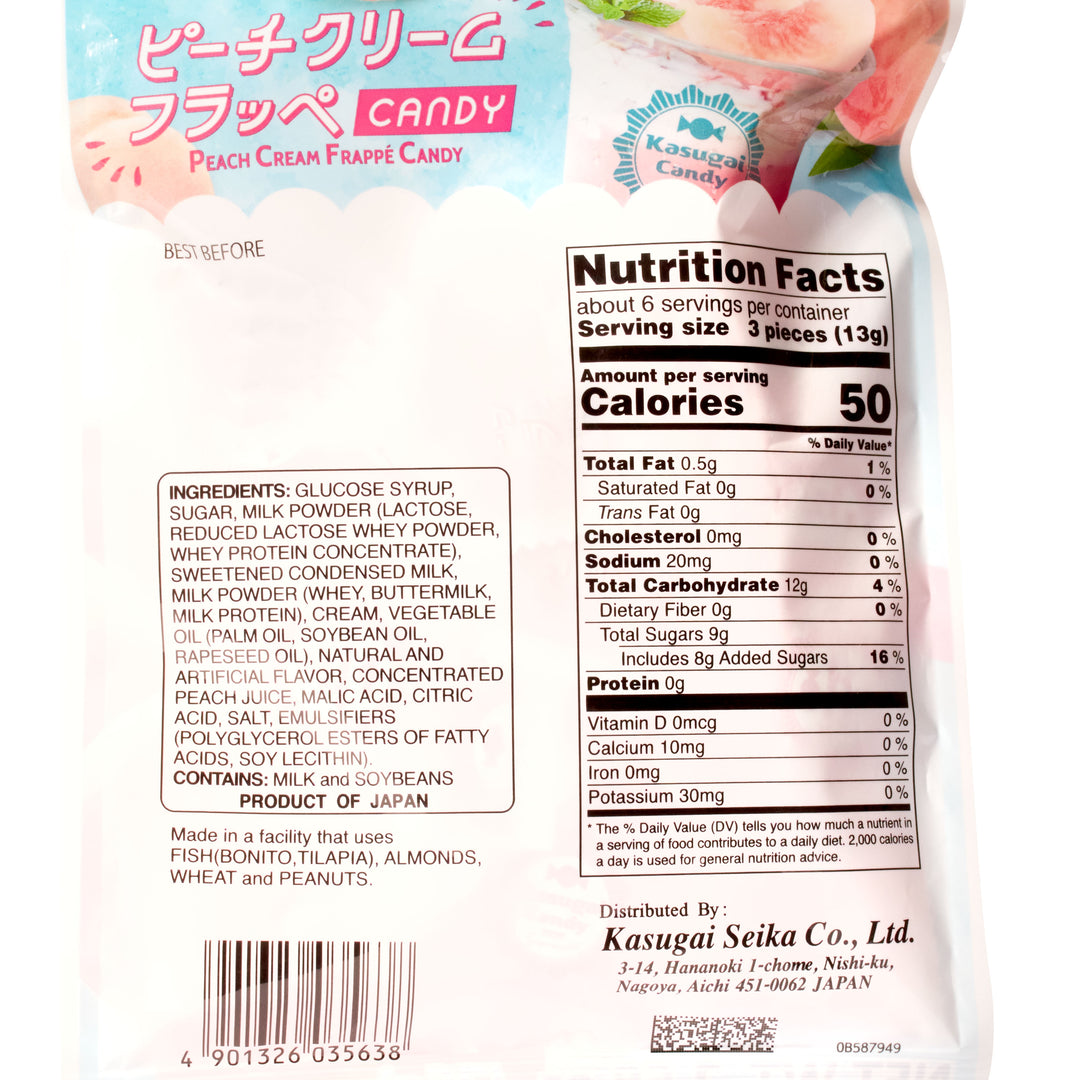 A package of Kasugai Peach Cream Frappe Candy on a white background.