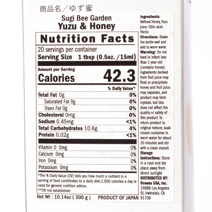 A nutrition label on a white background for Sugi Bee Garden Fruit Juice Infused Honey: Yuzu by Sugi Bee Garden.