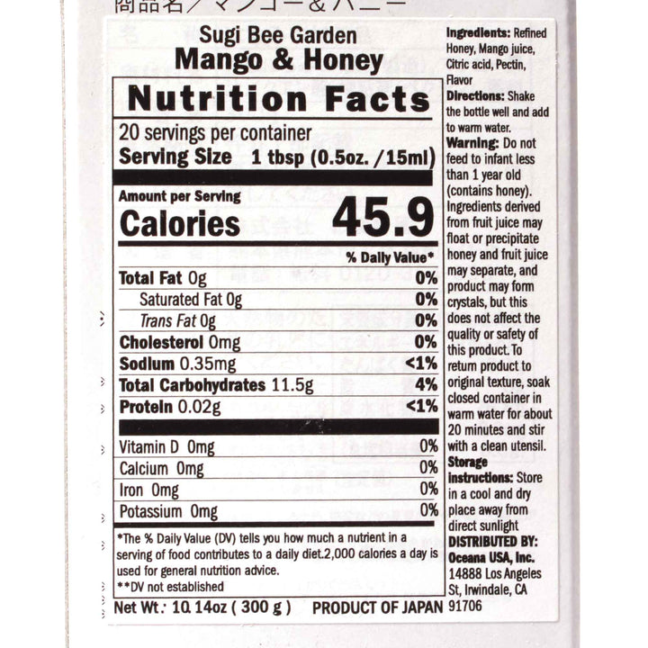 A nutrition label for Sugi Bee Garden Fruit Juice Infused Honey: Mango from Sugi Bee Garden.