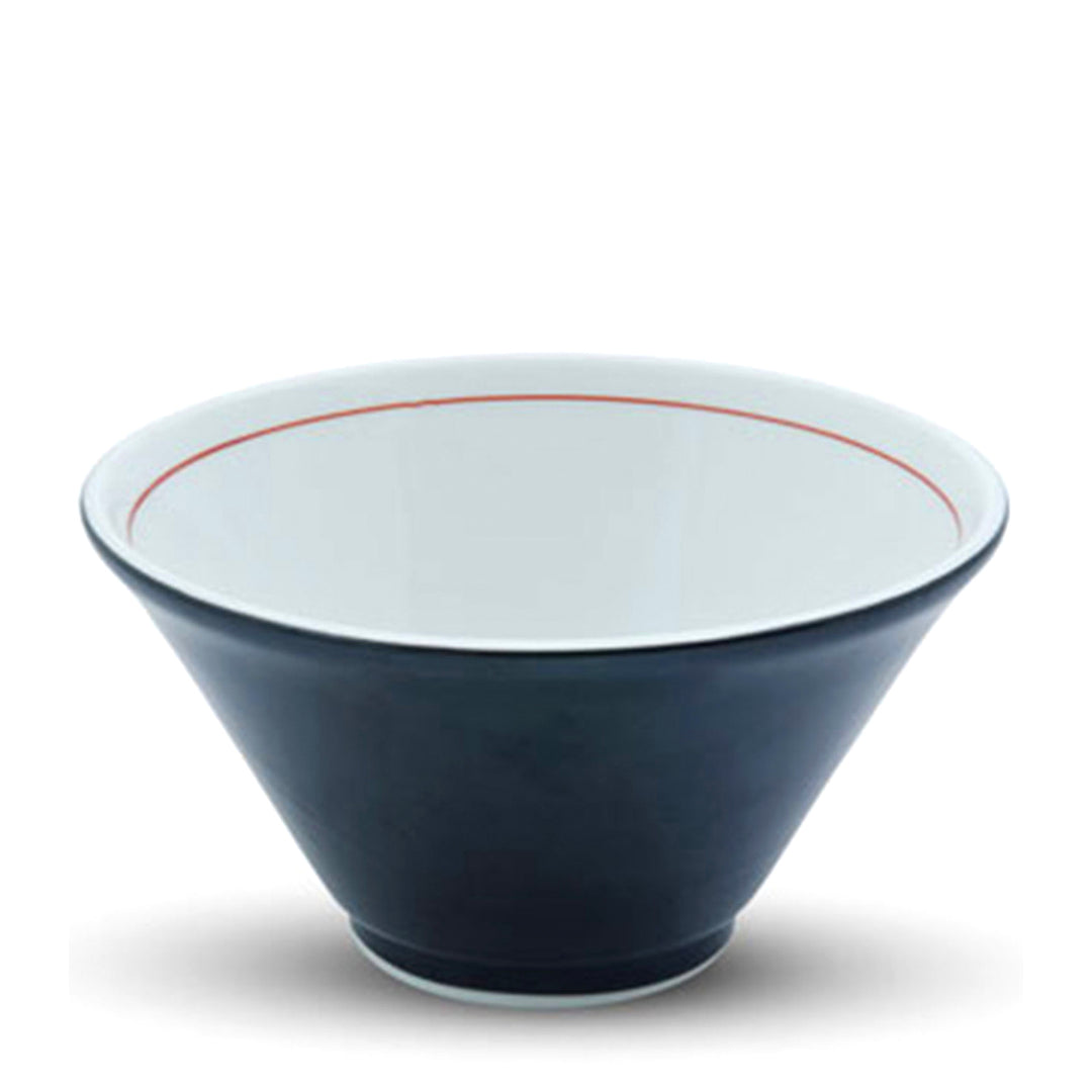A Tall Black Ramen Bowl with a red stripe on a white background by Korin.