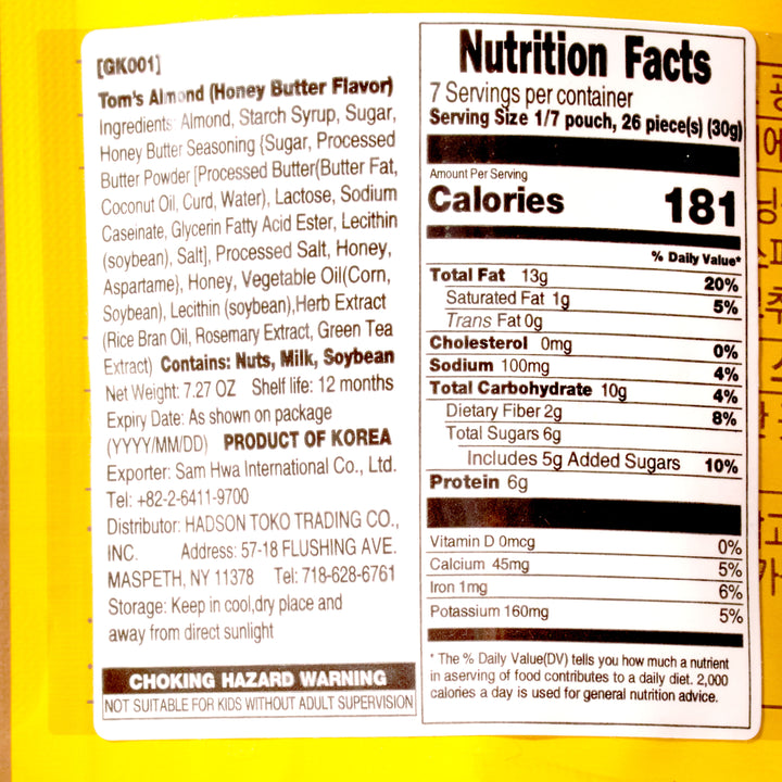 A close up of the nutrition facts label on a bag of Tom's Farms Korean Style Almonds: Honey Butter.