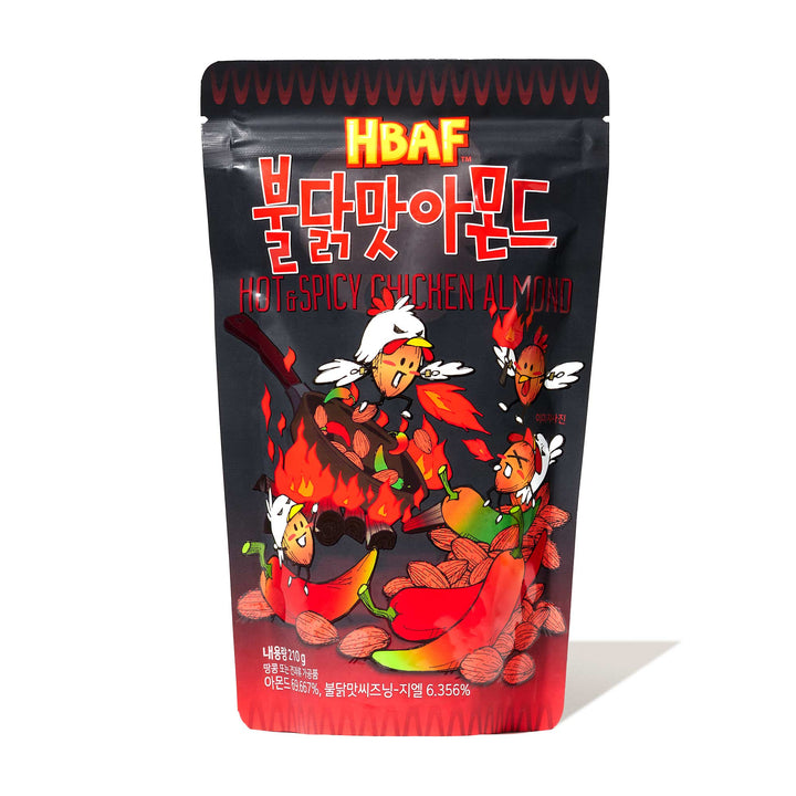 A bag of Tom's Farm Korean Style Almonds: Buldak Spicy BBQ Chicken.