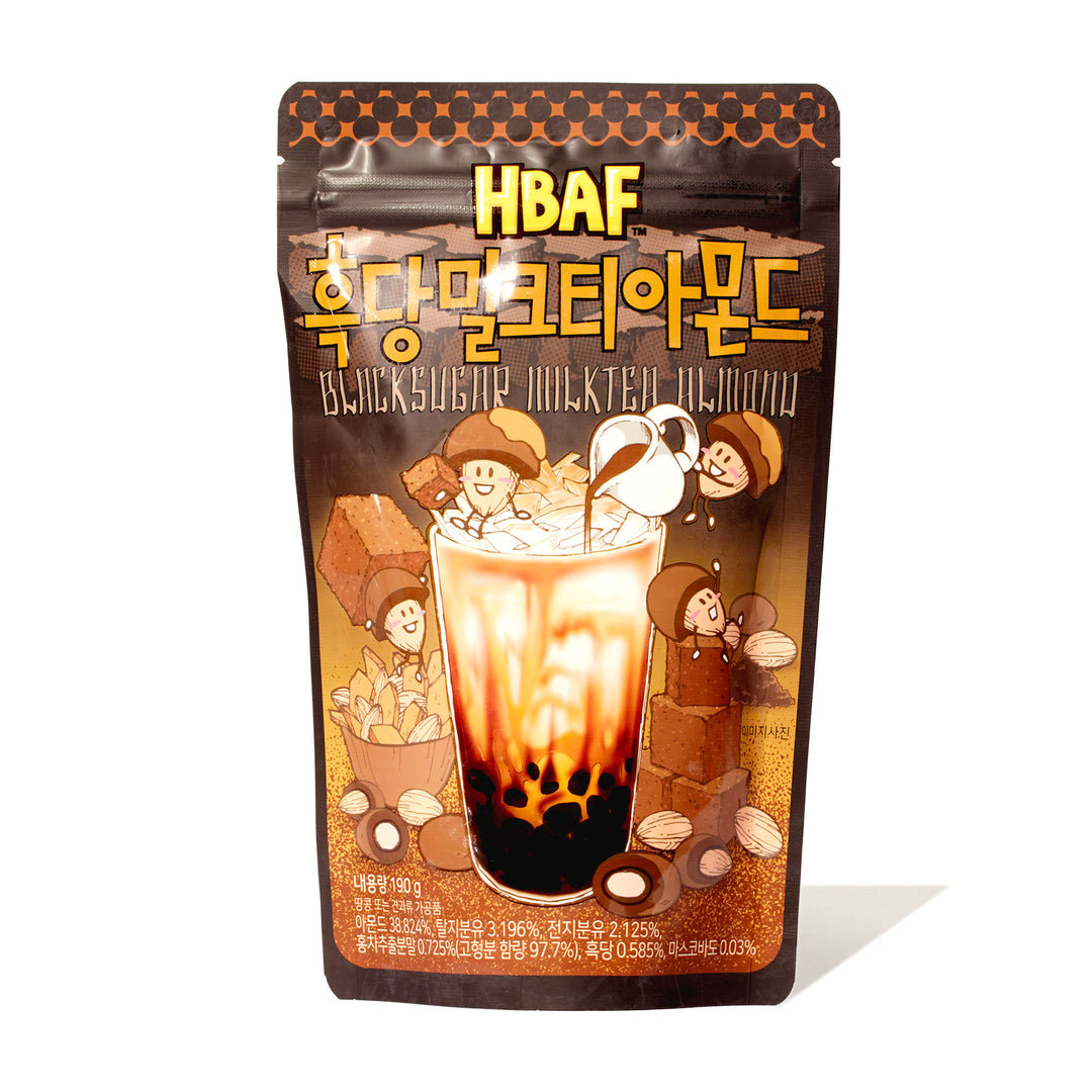 A bag of Tom's Farm Korean Style Almonds: Black Sugar Milk Tea in a bag.