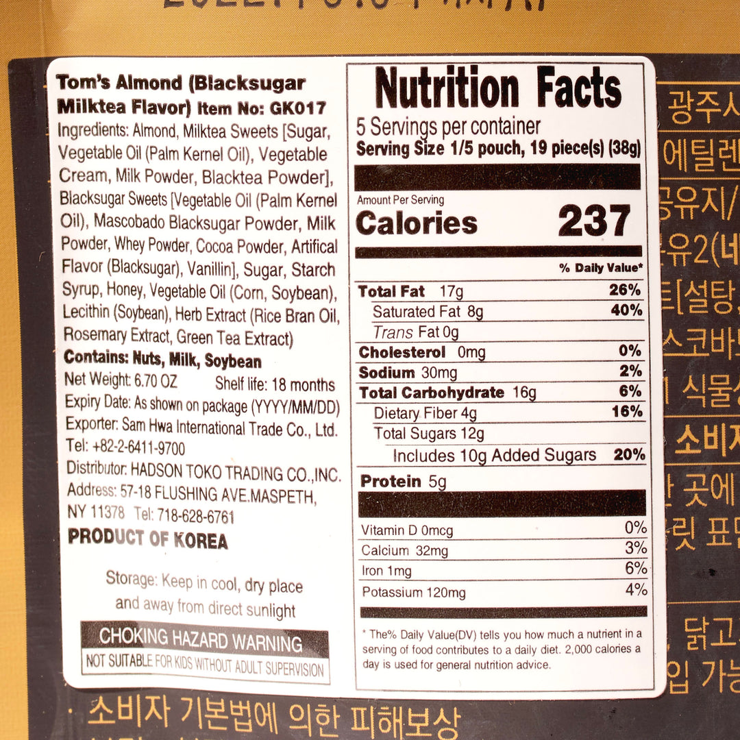 The label on a bag of Tom's Farm Korean Style Almonds: Black Sugar Milk Tea from Tom's Farms.