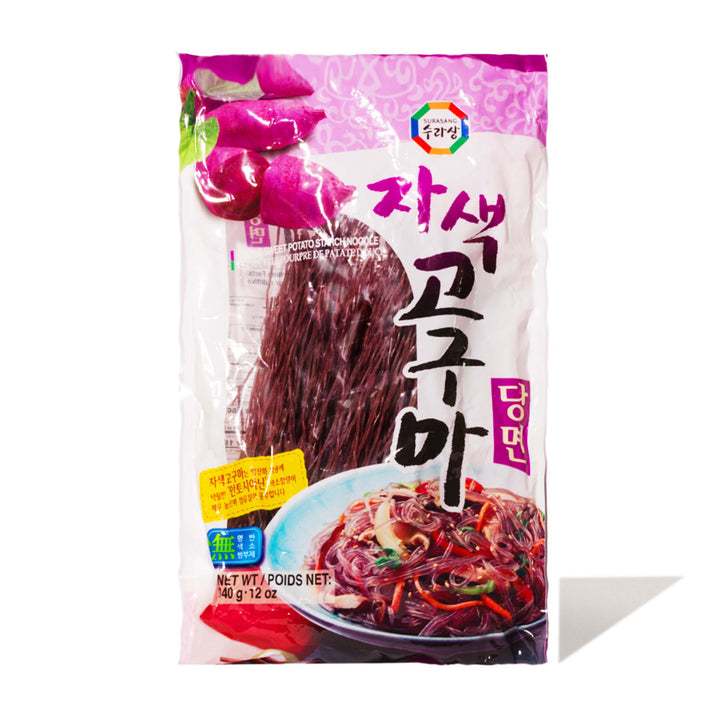A bag of Surasang Purple Sweet Potato Starch Noodles on a white background.