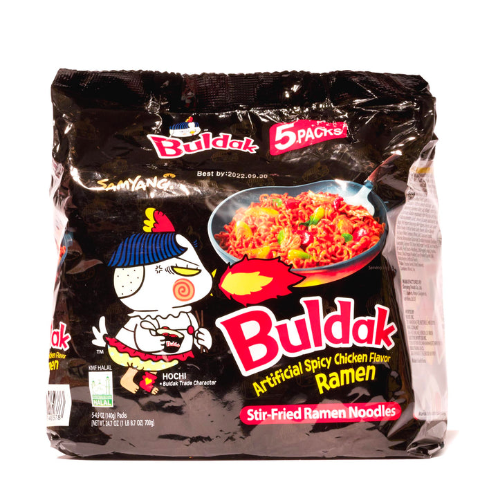 A bag of Samyang Buldak Ramen: Hot Chicken (5-pack) with a cartoon character on it.