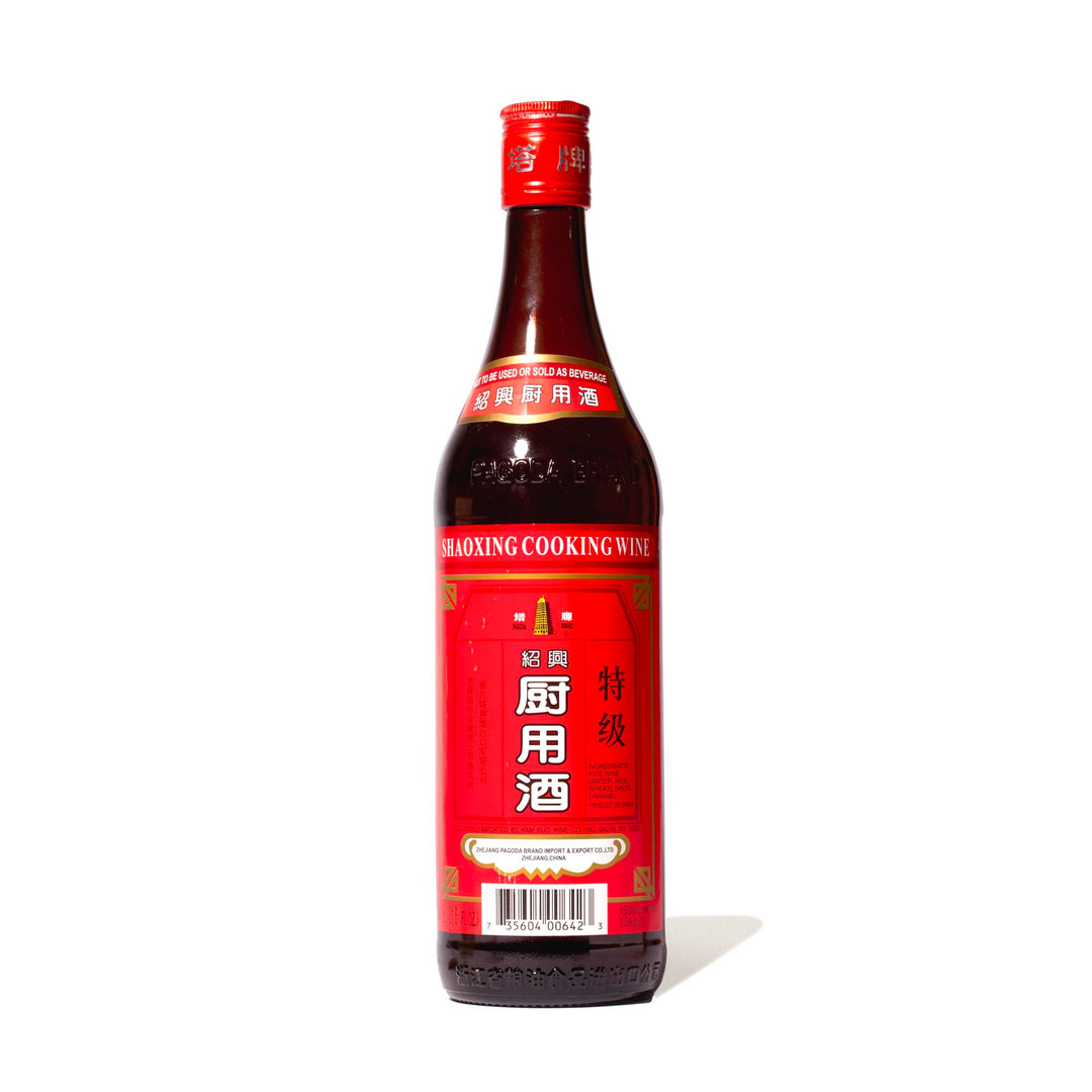 A bottle of Pagoda Shaoxing Cooking Wine on a white background.