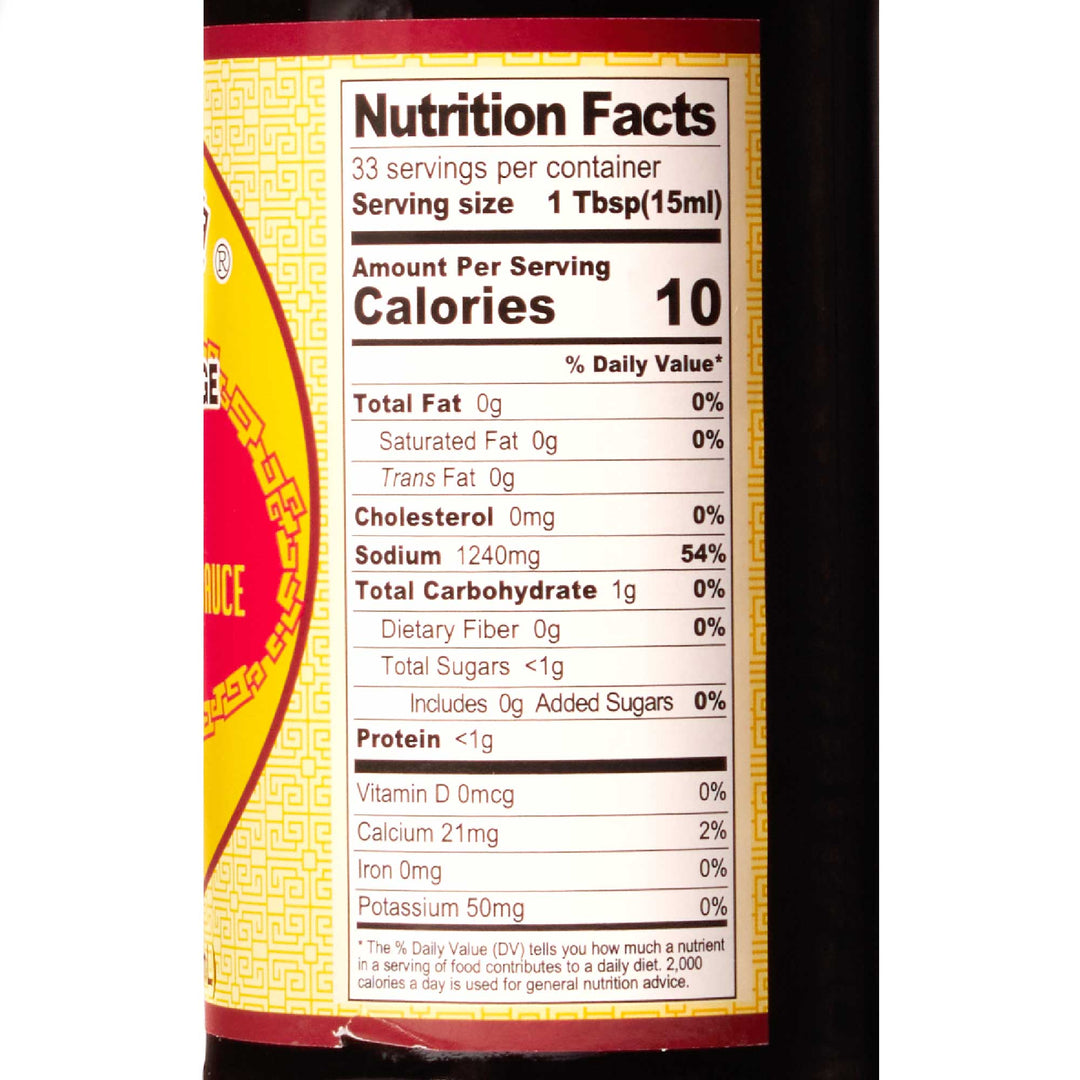 A label showing the nutritional facts of Pearl River Bridge Superior Sheng Chou Light Soy Sauce.