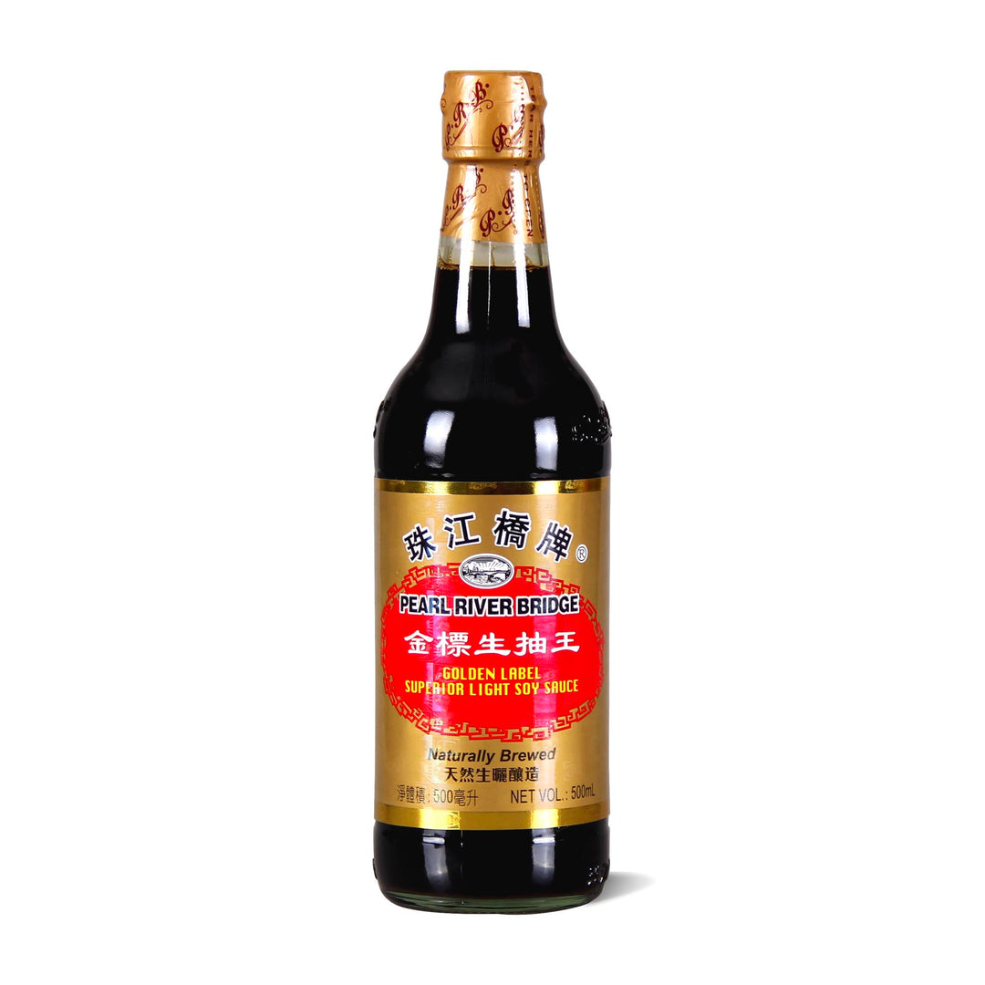A bottle of Pearl River Bridge Gold Label Sheng Chou Light Soy Sauce on a white background.
