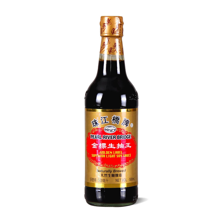A bottle of Pearl River Bridge Gold Label Sheng Chou Light Soy Sauce on a white background.