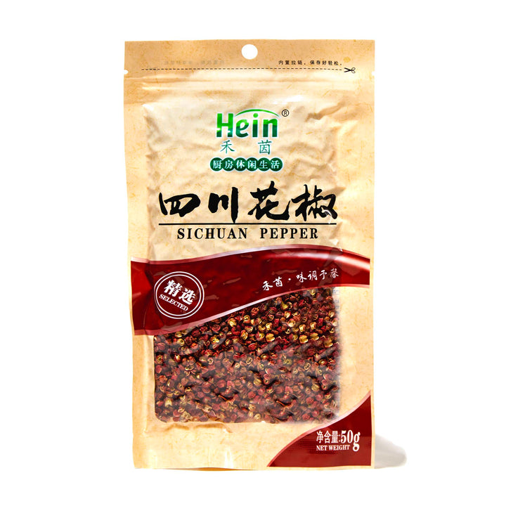 A bag of Premium Hanyuan Sichuan Mala Peppercorn from Hein on a white background.