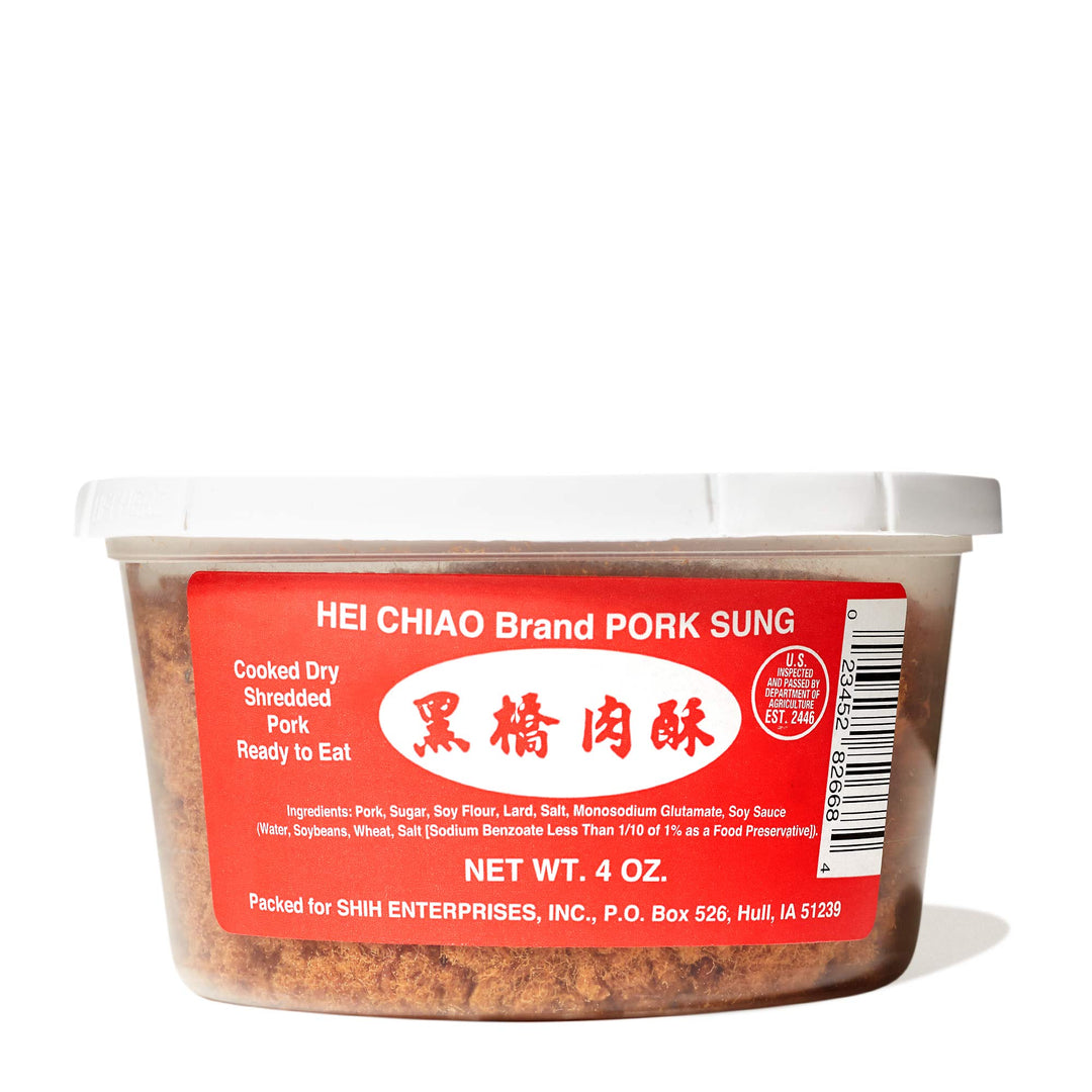 A container of Heichiao Rousong Pork Floss on a white background.
