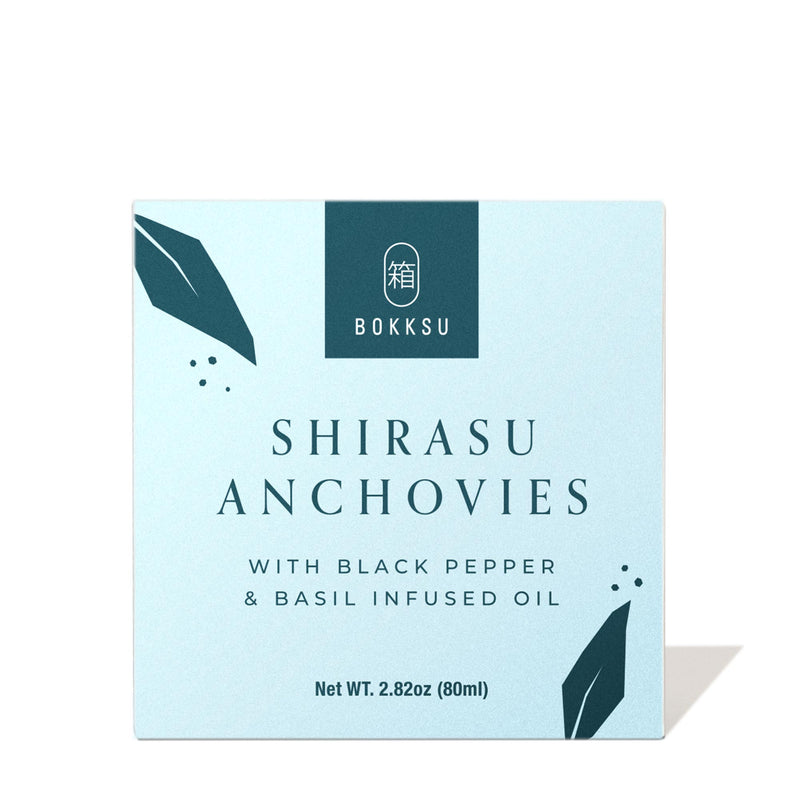 Bokksu Tinned Shirasu Anchovies with Black Pepper and Basil-Infused Oil