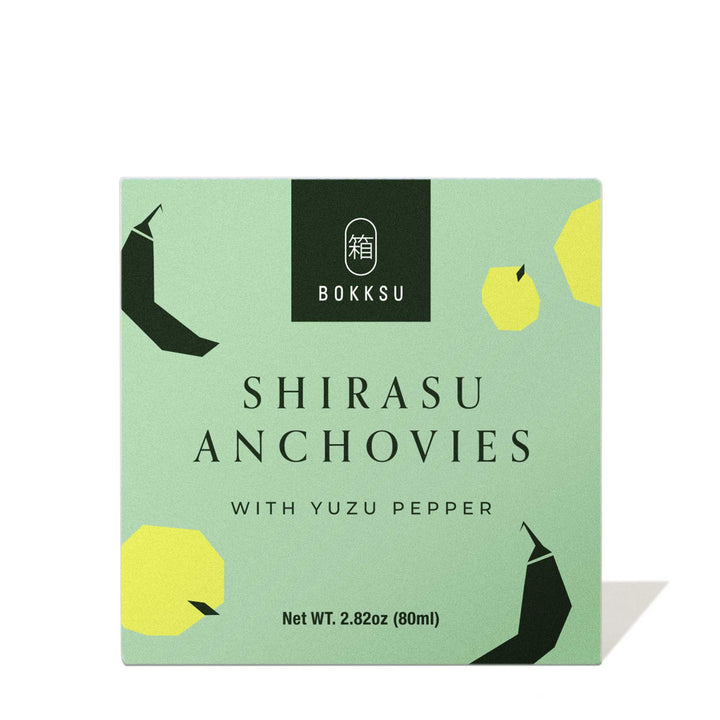 A box of Bokksu Tinned Shirasu Anchovies with Yuzu Pepper.